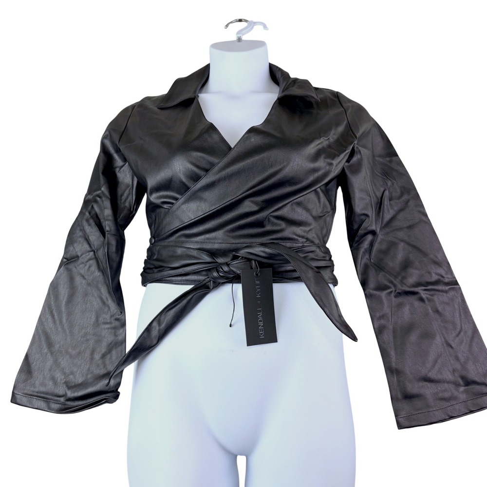 Kendall & Kylie M Black Faux Leather Wrap Top Cropped Long Sleeve Collared Edgy